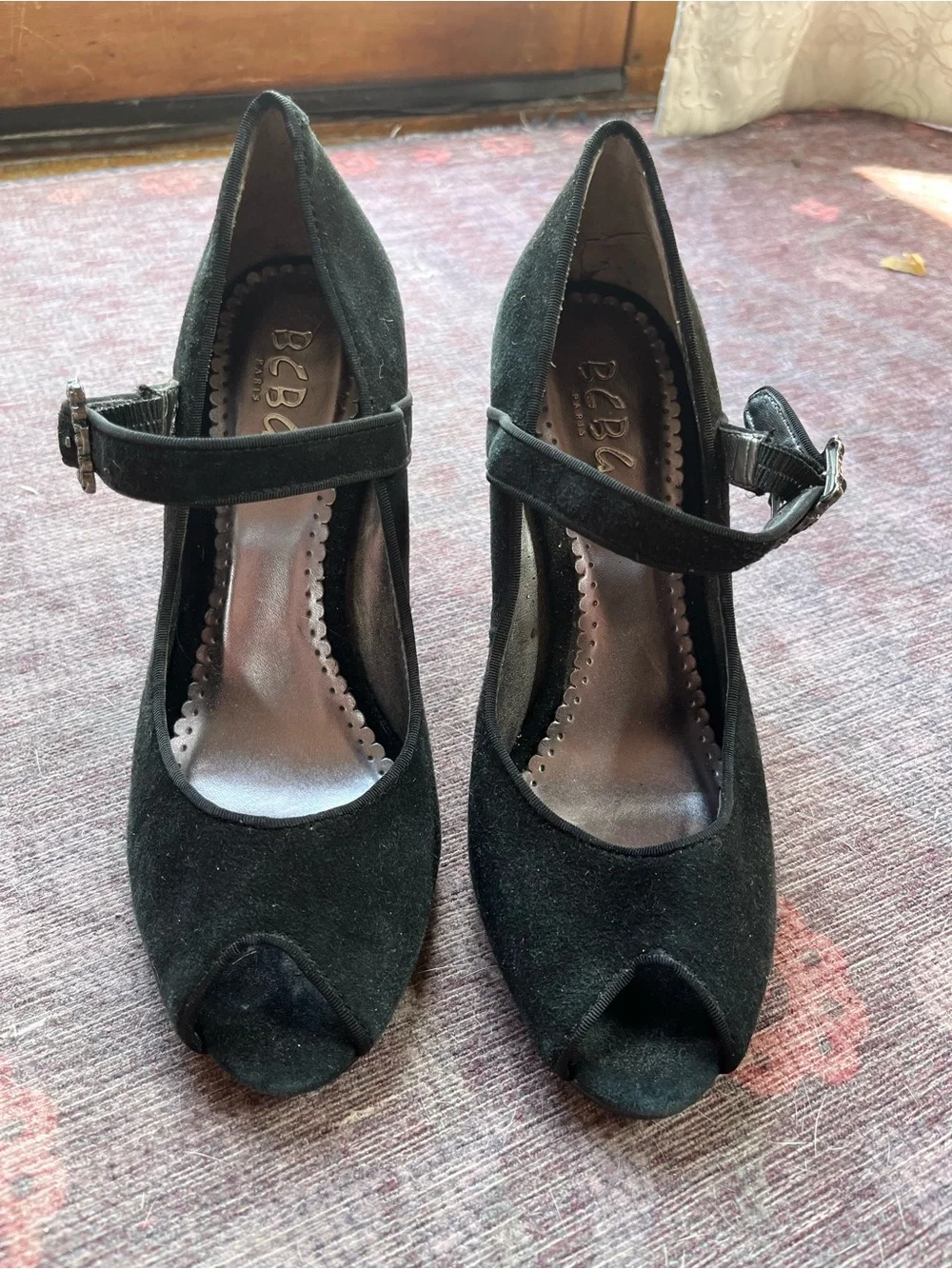 BCBG Black Peep Toe Heels with Strap and Fancy Buckle